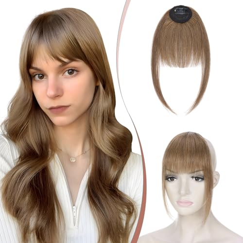 Elailite Frangia Capelli Veri Clip Marrone Castagna, Frangetta Finta Frontale Ordinata Neat Bang con Tempie Posticci Donna