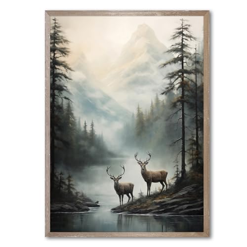Wallvelart Vintage Deer Wall Art Misty Picture Forest Animal Canvas Mountain Lake Print Wildlife...