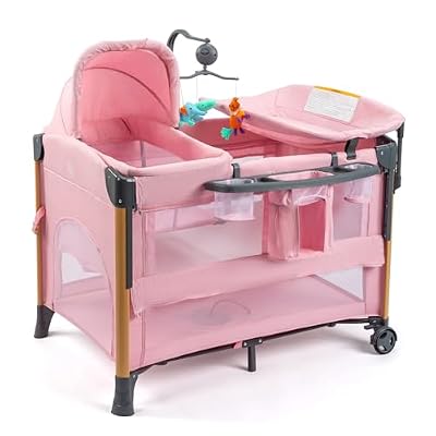 JOYMOR 7 in 1 Bedside Bassinet with Changing Table, Baby Girl Bassinet, Pink Bedside Sleeper with Mattress, Sheet, Canopy, Storage Shelf