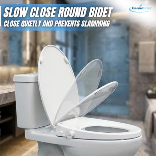 Image of GenieBidet Right Side Bidet Toilet Seat Round - Round Bidet Toilet Seat with Adjustable Self-Cleaning Nozzles, Attachment, T Adapter & Bottle - Non Electric Bidet Seat