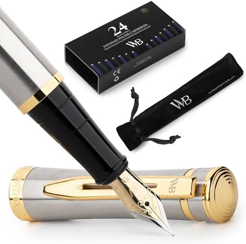 Wordsworth and Black Fountain Pen [Black Gold]- Luxury Medium Nib Fountain Pen Set Includes 24 Ink Cartridges [Black & Blue], Refillable Fountain Pen Ink Converter - Pens for Writing or Calligraphy