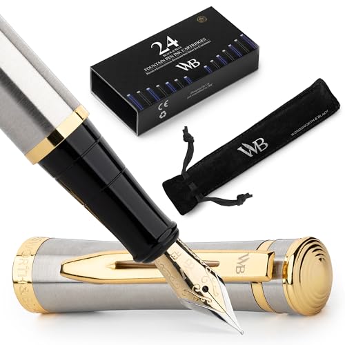 Image of Wordsworth & Black Fountain Pen Set for Writing, Extra Fine Nib,Silver | Gift for Men & Women, Brass Body, 18K German Iridium, Calligraphy, Converter + 24 Ink Cartridges, Refillable, Leak-Free