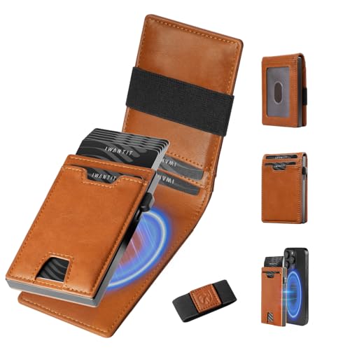 Image of iwantit 3 in 1 Magsafe Wallet Men: Bifold Wallet + Magnetic Wallet for iPhone - Detachable Cash Strap, Smart Pop Up Card Holder, ID Window, Premium Leather (Orange-red)