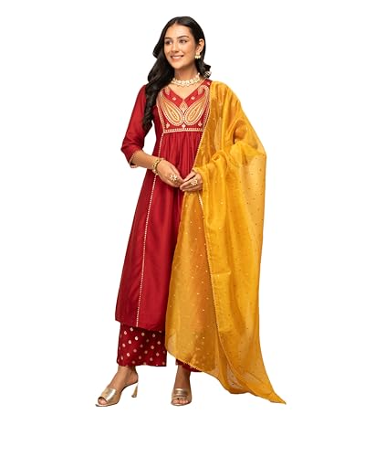 Image of FIORRA Women's Red Silk Blend A-Line Kurta with Palazzo and Dupatta
