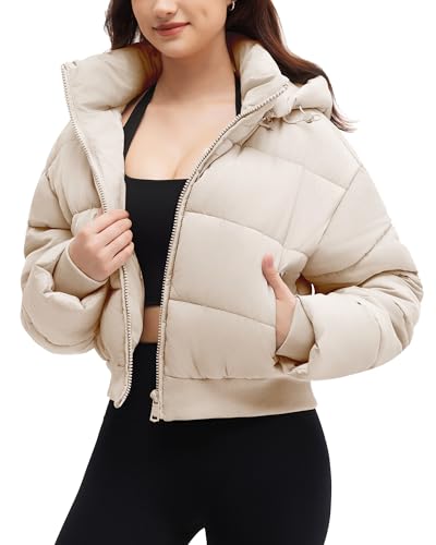 WHN Women’s Cropped Puffer Jacket Long Sleeve Winter Puffy Short Warm Casual Quilted Coat with Removable Hood Apricot S