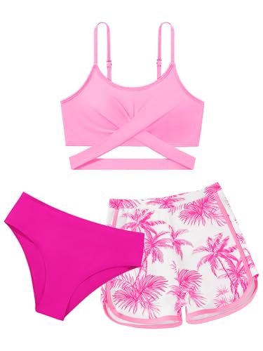 Image of Girl's 3 Piece Bikini Set Cross Strap Swimsuits for Girls Bathing Suit with Shorts Teen Swimwear Swimming Suit