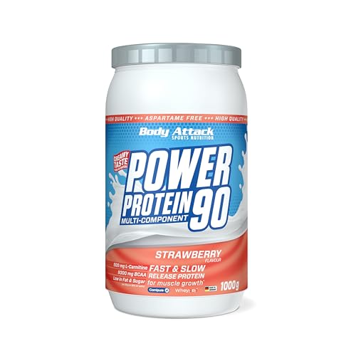 Body Attack Power Protein 90, 5K protein powder de whey protéine, L-Carnitine et BCAA pour la croissance musculaire et le fitness - blanc oeuf poudre, Fraise, 1kg