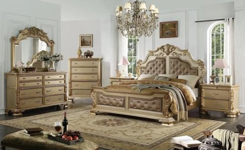First of a Kind Miranda Gold Finish Traditional 5 Piece Queen Bedroom Set with Upholster...