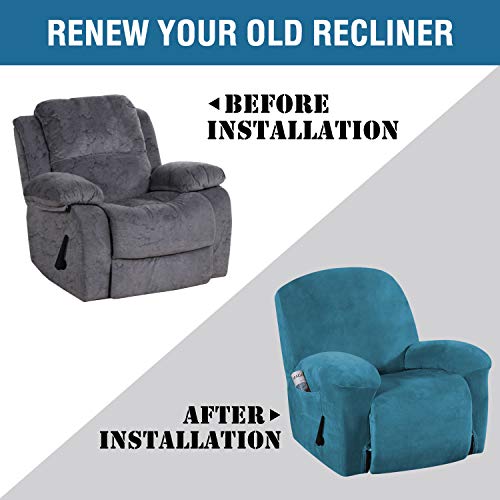 H.versailtex 1 Piece Stretch Real Super Velvet Plush Recliner Slipcovers, Recliner Chair Cover, Recliner Cover Furniture Protector Elastic Bottom, Recliner Slipcover With Side Pocket, Peacock Blue #TOP4
