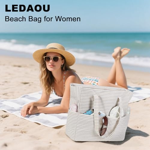 Image of LEDAOU Beach Bag Waterproof Sandproof Women Beach Tote Pool Bag with Zipper for Swim Gym Grocery Travel with Wet Pocket | Sandproof