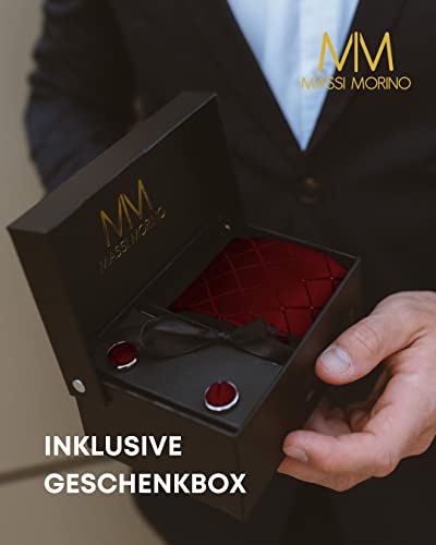 Massi Morino - Men Tie Set (Incl. Handkerchief + Cufflinks + Tie Pin) Italian Style Ties For Men (Wine Red Square) #TOP4