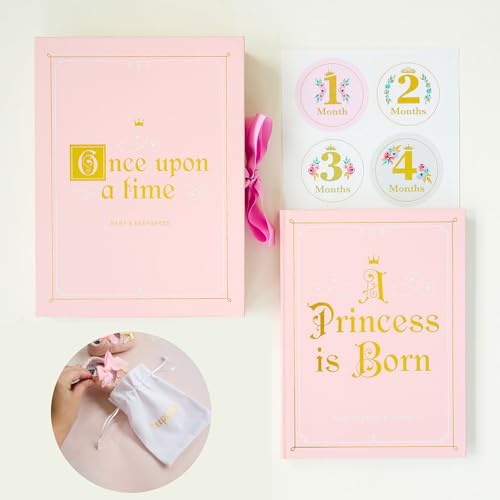 Image of Rayne Princess Baby Memory Book Kit. Journal Scrapbook with Keepsake Box, Pouches and Boho Milestone Stickers. Girl Album First Year to 5. Princess Gift for Girl or Boy