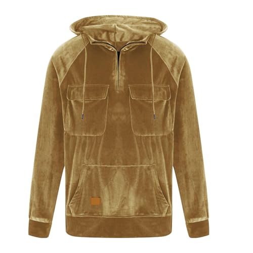 Men'S Gold Velvet Fleece Hoodie Quarter Zip Solid Warm Pullover With Pockets Long Sleeve Cargo Hooded Sweatshirt3