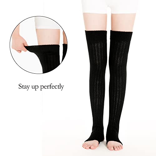 Glenmearl Women Stirrup Leg Warmers With Heel Hole, Girls Knee High Knitted Warm Legwarmers, Kawaii Boot Stockings For Ballet Yoga Dance, Retro 80S Accessories For Women 27In (Black&Grey) #TOP4