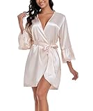 Lace Trim Satin Robes for Women Bride Bridesmaid Silky Kimono Robe Valentines Lingerie with Bell Sleeves Champagne