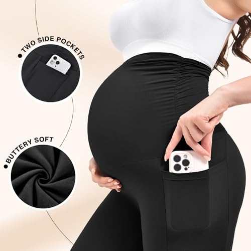 Ipletix Maternity Capris Leggings with Pockets Over The Belly, Yoga Workout Pants for Pregnancy & Postpartum Black XXL — view 3