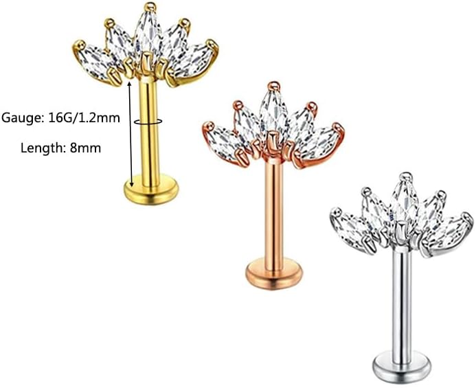 16G Stainless Steel CZ Labret Monroe Lip Rings Conch Helix Tragus Cartilage Flat Back Earrings Studs Hypoallergenic Body Piercing Jewelry 8mm - Image 6