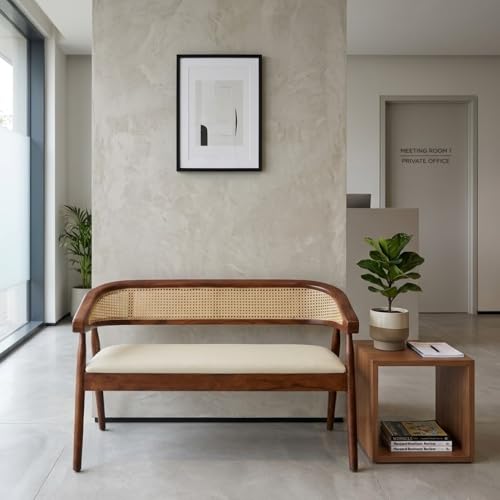 Image of Solid Acacia Wood 2 Seater Bench with Cushioned Rexine Seat | Anti-Termite Wooden Sofa Bench for Living Room, Bedroom & Entryway | Modern Cane Backrest Design (47 x 19 x 29 Inch)