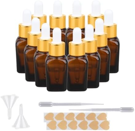 12 Pack 15ml 1/2oz Amber Square Glass Dropper Bottles, Leakproof Empty Tincture Vials with Golden Caps, Funnels and Labels, Reusable Storage Containers for Essential Oils, Perfume, DIY Liquids