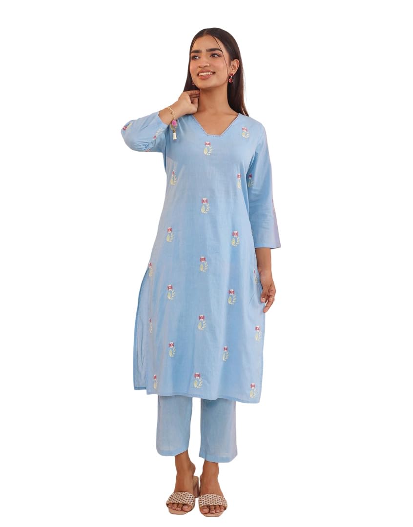 The Souled Store Women Floral Printed V-Neck Lining Kurta with Pant | Kurta Set | 2 Piece | 3/4th Sleeve | 100% Cotton | Salwar Suit Set | Ethnic & Casual Wear in multi