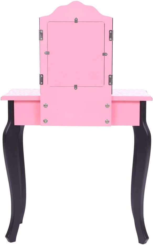 Goujxcy Kids Vanity Set, Wood Makeup Vanity Table and Stool Set Makeup Dressing Table Set with Mirror & Drawer for Girls