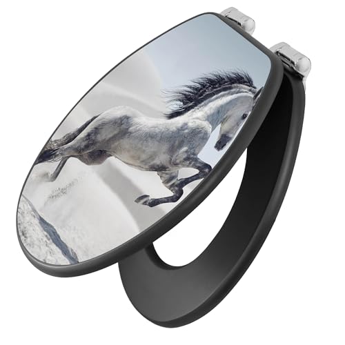 banjado Toilettendeckel anthrazit mit Absenkautomatik/WC Sitz mit Absenkautomatik anthrazit/Klodeckel grau/Toilettensitz dunkel/edle Klobrille - Motiv Wildes Pferd