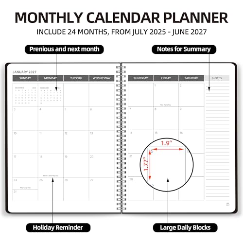 Monthly Planner 2025-2027, 2025 Calendar 24 Months Planner, JULY 2025 - JUNE 2027, 8.5\" x 11\", 2025 Academic Planner Hard PVC Cover with Spiral Bound, Perfect for School & Office for Women & Men