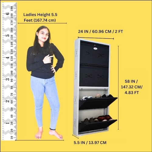 Image of I Metal Shoe Rack I Double Lock I Double Lock I Slim and Wall Mounted I 4 Shelve (Grey Colour) I Coad LC 2M-04 GR I Height 58 Inches, Width 24 Inches, Depth 5.5 InchesI 3 Years Warranty.