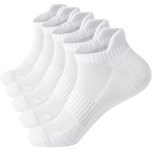 PUJANE 5 Pairs Athletic Running Ankle Socks Cushioned Breathable Low Cut Sports Tab Cotton Socks for Men and Women (Pure White Size M)