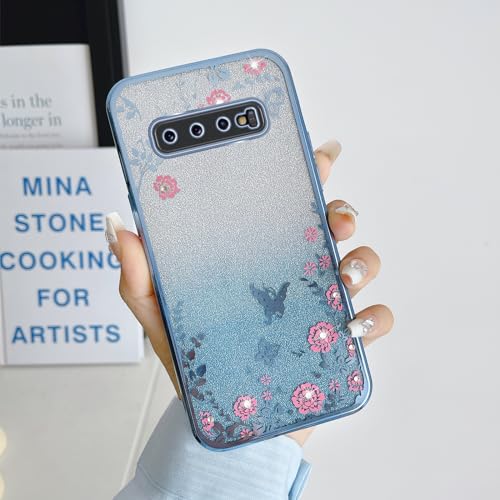 Image of for S10 Plus Case, Galaxy S10 Plus Case for Women Gradual Change Glitter Crystal TPU Butterfly Floral Heart Clear Protective Cover with Strap for Samsung Galaxy S10 Plus 2019 (Blue)