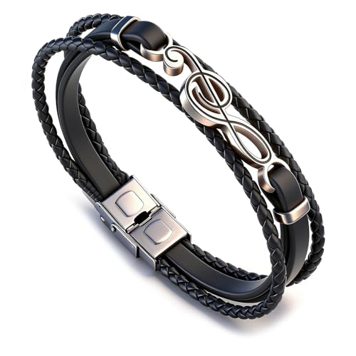 Xusamss Braided Leather Cuff Bracelet Stainless Steel Treble Clef Music Note Bracelet Men Wristband Music Themed Wrist Fashion Jewelry(Black)