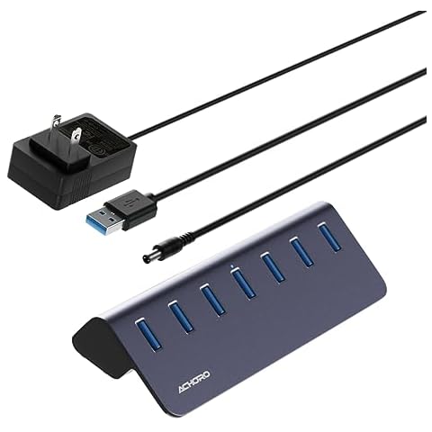 Achoro 7 Ports Powered USB HUB – 2nd Generation 10GB Super Speed External USB Port – USB 3.2 Aluminium USB Hub for Computer, Mac, PCs, Smartphone & Tablets – Computer Multiple USB Hub (Powered USB) Cover