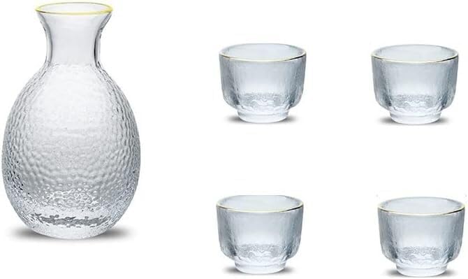 Sake Set, Glass Hammer Pattern in Golden Trim, 1 Cyrstal Clear Sake Bottle, 4 Sake Cups, Cold/Warm/Hot Sake Carafe, Special Japanese Gifts Set