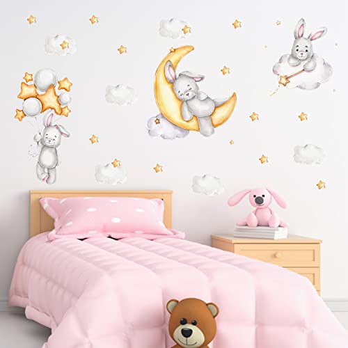 Bunny Sleeping On The Moon Wall Stickers Rabbit Stickers Cloud Moon Wall Decal Baby Boy Girls Moon And Stars Nursery Wall Decor #TOP1