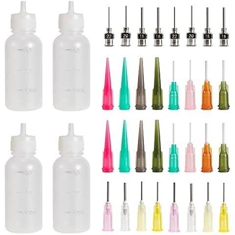 Tip Applicator Bottles 2 set, Plastic Liquid Dropper Bottles, 4 Bottles with 32 Mouths Needle Tips for Paper Quilling DIY Craft Tattoo Jam painting, Paint Artwork Hobbies, Oiler Bottle Cover