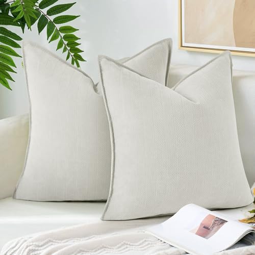 Silkena Pack of 2 Couch Throw Pillow Covers 18x18 Inch Soft Chenille Decorative Solid Pillow Covers Farmhouse Textured Accent Cushion Case for Couch Bed Living Room Home Decor (Cream White)
