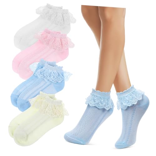 4pairs Girls Ankle Socks Breathable Lace Boot Socks for Casual Wear Soft Combed Cotton for Ages for Dress up and Everyday Activities