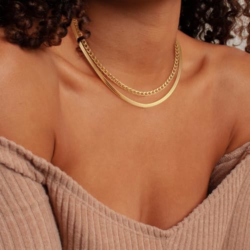 Layered Gold Necklaces for Women - 18K Gold Plated Herringbone Paperclip Chain Pearl Cuban Twist Rope Chain Necklace Waterproof Jewelry Dainty Choker Necklace Gold Jewelry for Women Gifts3