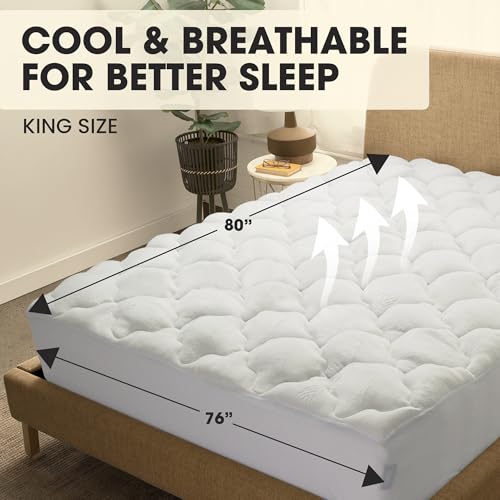 Cheer Collection King Size Rayon from Bamboo Mattress Topper – Thick, Plush, and Cooling Mattress Pad, Machine Washable Mattress Topper for King Bed