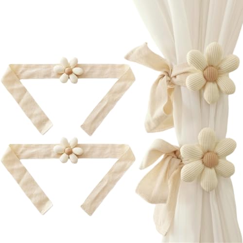 Image of HASTHIP 2Pcs Floral Curtain Tie Backs, Decorative Flower-Shaped Charm Holder Tiebacks with Ribbon, Drape Cute Fresh Style Curtain Accessories for Home Decoration