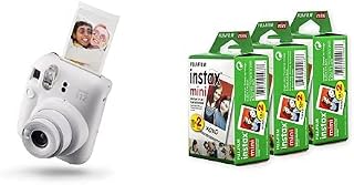 Fujifilm Instax Mini 12 Instant Camera (Clay White) Bundle with Instax Mini Film, White Multi-Pack (60 Exposures)