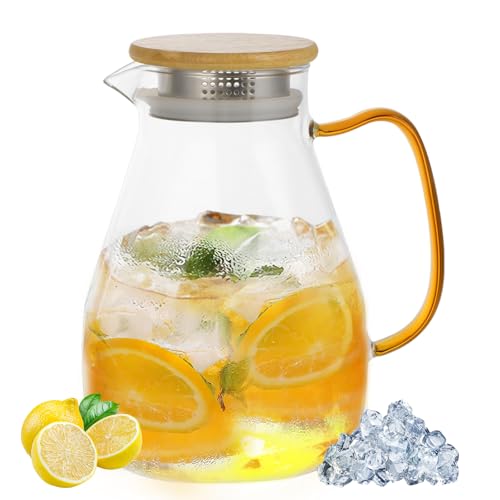 Caraffa 1,8L in vetro borosilicato con brocca acqua coperchio in legno sigillato resistente al calore e trasparente Caraffa in vetro ideale per acqua tè caffè latte vino e succhi