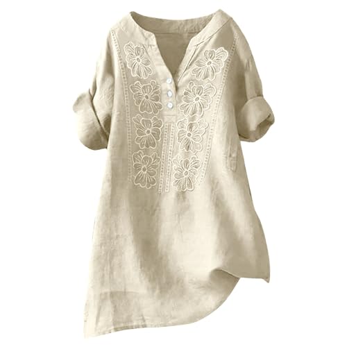 3/4 Length Sleeve Womens Tops Floral Embroidered Cotton Linen Shirts for Women Summer 3/4 Sleeve Dressy Casual Loose Blouses Gauze Boho Tunic Tops
