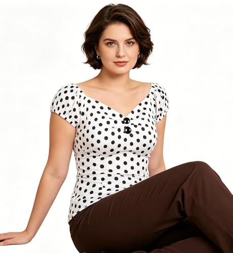 Image of YARN & INK Women's Rockabilly Tops 1950s Pinup Shirt Casual Off Shoulder Vintage Blouse