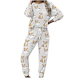 Corgi Hund Zweiteilige Schlafanzug Damen Lang Pyjamas Winter Pyjama-Set mit Taschen Bequemer Hausanzug Sleepwear und Pyjamahose Multicolor L