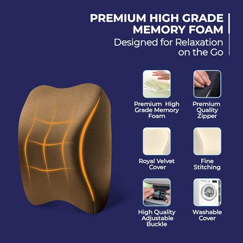 Image of WELLGIVER Orthopedic Memory Foam Car Neck Rest Pillow - Cervical Support Cushion for Neck Pain Relief, Adjustable Strap - Universal Fit for All Cars | TAN Velvet | Pack of 2