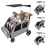 JULYSHILIU Car-Shaped Large 4 Seater Wagon Stroller, Push Wagon for Kids 2 3 Toddler Child, All-Terrain Triple Quad Stroller Wagon with Removable Canopy, 5-Point Harness, Storage Bag (Light Grey)