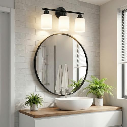 Image of Unicozin 3 Light Bathroom Light Fixtures, Modern Vanity Lights with Milky Glass Shade, Black Wall Lamp Over Mirror for Bathroom, Living Room, Cabinet, Bedroom, E26 Base