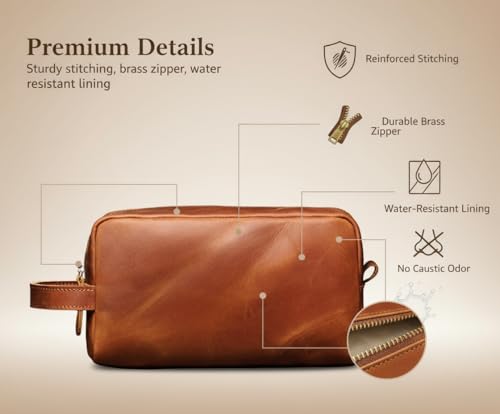 The Tannery Genuine Leather Toiletry Bag For Men & Women, Lightweight Pouch For Unisex, Durable Makeup Kit Bag, Best Gift For Father's Day, Stylish Travel Organizer, Thanks Giving (Tan Brown)