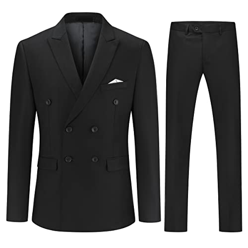 YOUTHUP Men's 2 Piece Suits Double Breasted Formal Slim Fit Suit Peak Lapel Blazer and Trousers, Black, M